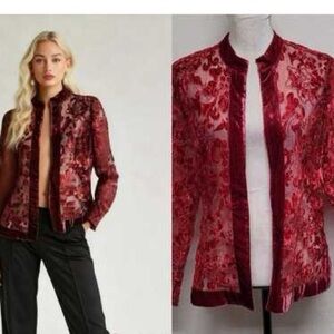 Vintage Red Floral Lace Velvet Open Cardigan Jacket L